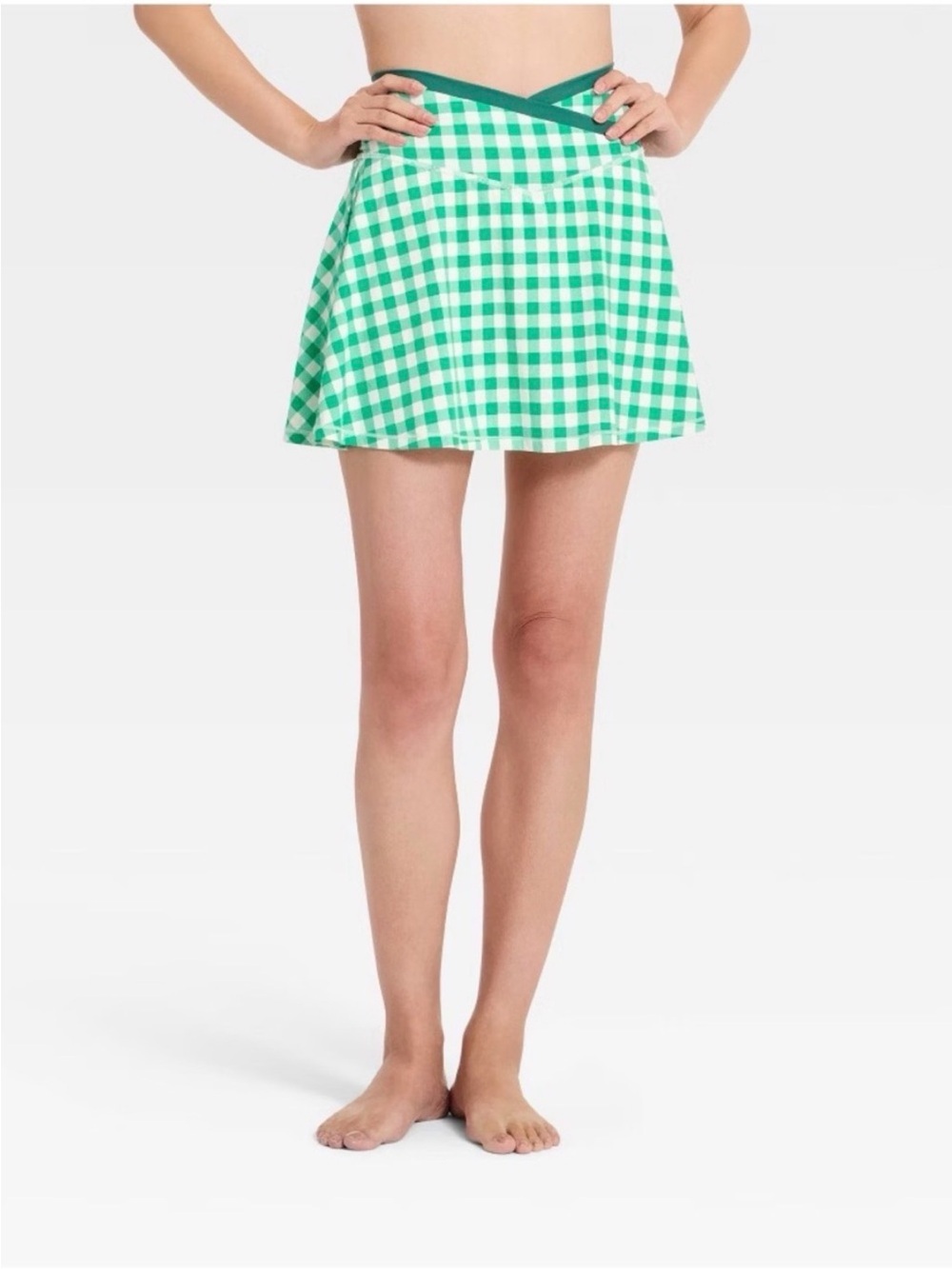 Women’s High Rise Skort Crossover Waistband Green Gingham Size XL NWT